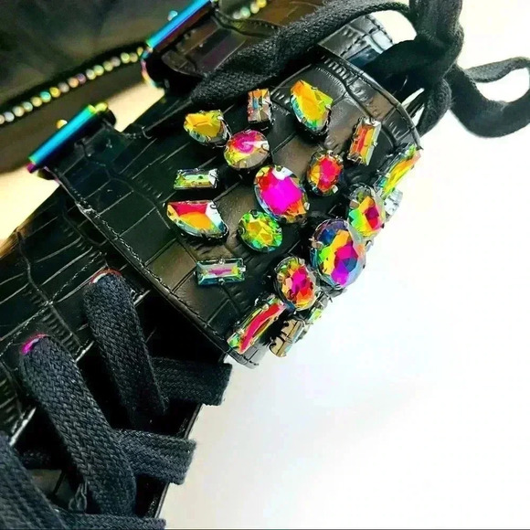 RARE NWT Kurt Geiger London Stoop Rainbow Crystal Oil Spill Leather Combat Boots - Picture 7 of 15